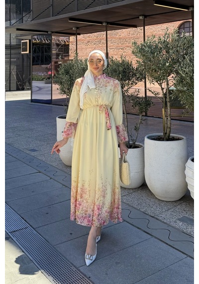 Riella Butik Çiçek Desenli Tesettür Elbise Sarı