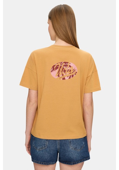 Ucla Marıluz Açık Turuncu Bisiklet Yaka Baskılı %100 Pamuk Loose Fit Kadın Tshirt