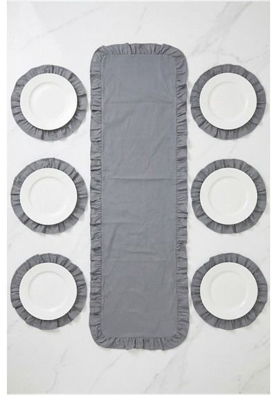 Yunusoğlu Home Fırfırlı Runner Ve Supla Takımı - Masa Örtüsü Takımı 7 Parça 150x50 Cm Füme