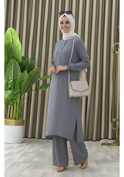 Mismoly Tesettür İkili Takım Uzun Tunik Bol Paça Pantolon 4006-gri Gri