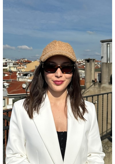 Mollycrush Kadın Teddy Dokulu Kışlık Kadın Vizör Şapka Yumuşak Kuzu Kürk Görünümlü Model Beyaz