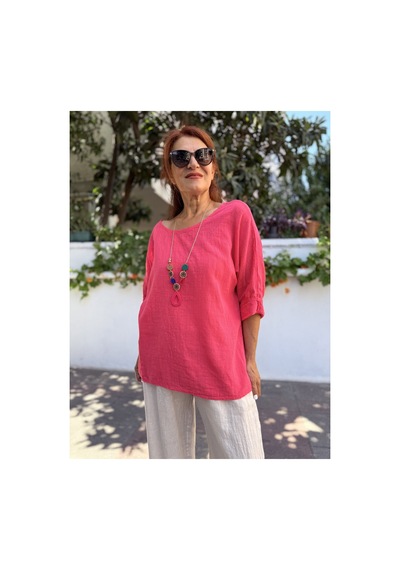 Denizege İtalyan Pamuk - Keten Dokulu Kolyeli Bluz Pembe Pembe