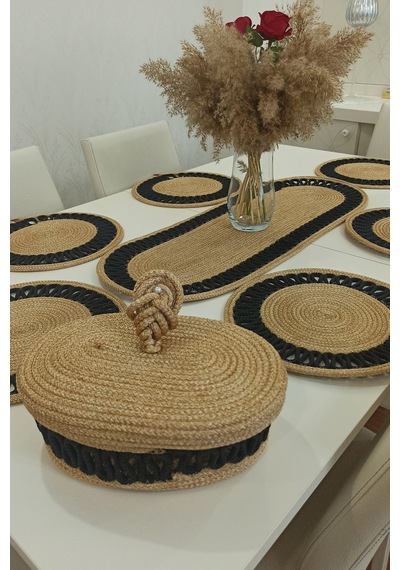 Kaan Home 6 Lı Supla 1 Runner 1 Kapaklı Örgü Ekmek Sepeti Seti Bej Krem Desenli Sunumluk Siyah