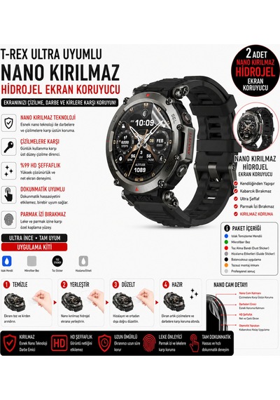 Amazfit Trex Ultra 47mm Uyumlu Nano Kırılmaz Hidrojel Ekran Koruyucu 2 Adet Darbe Emici Tam Koruma