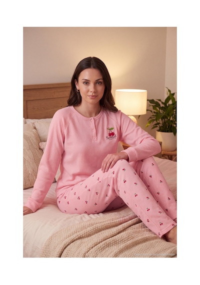 Lela Desenli Düğmeli Bisiklet Yaka Uzun Kollu Pijama Takımı Kadın Pijama Takımı 6575021 Pembe