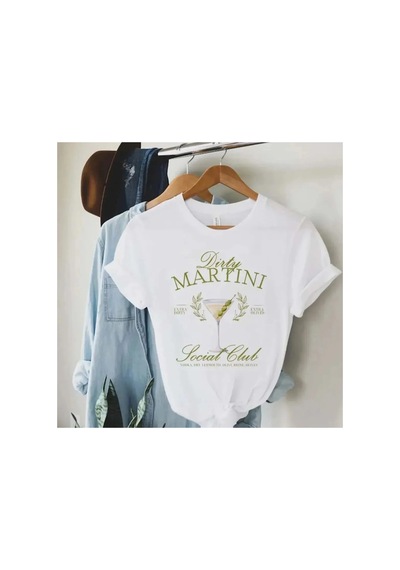 Tarzsokak Beyaz Baskılı Günlük Stil 90'lar O-yaka Trendy Ve Çok Yönlü Kirli Martini S