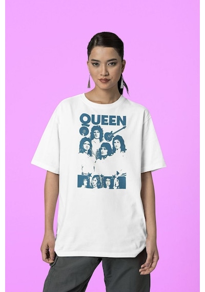 Queen Temalı Baskılı Unisex Tişört, Oversize Müzik Grubu Baskılı Beyaz