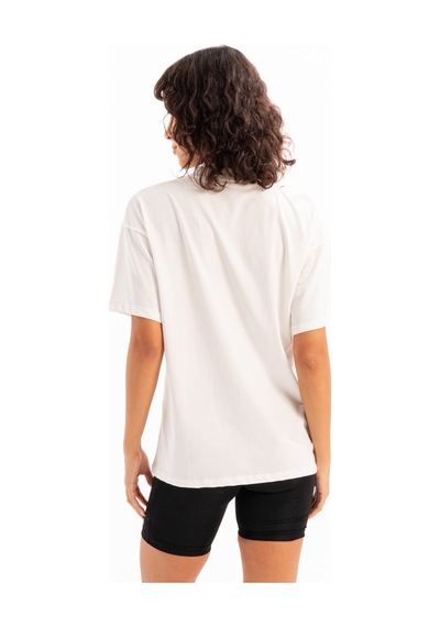 Justever 100% Pamuk Oversize Fit Bisiklet Yaka Ekru Kadın T-shirt - Halo Ekru