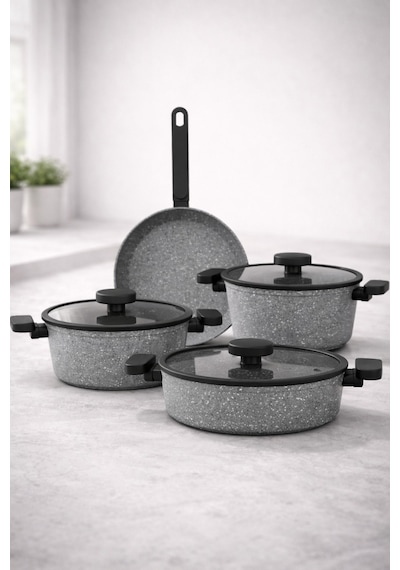 Valeria 26 cm Granit Derin Tencere Silikon Kenarlı Cam Kapak - Gri