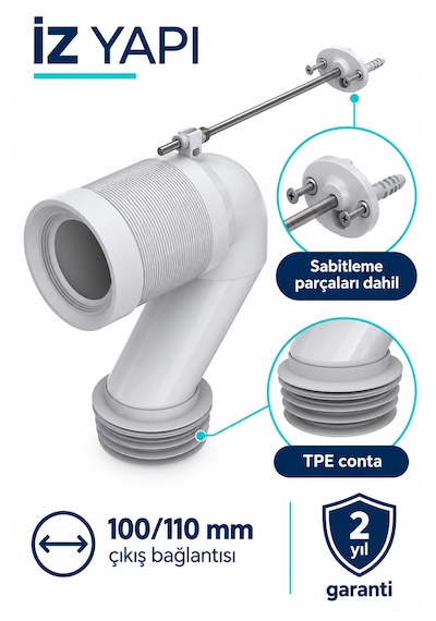 İz Yapı Kesilebilir S Tipi Klozet Bağlantı Dirseği 100/110 Mm Tpe Contalı Sabitleme Takımlı Beyaz