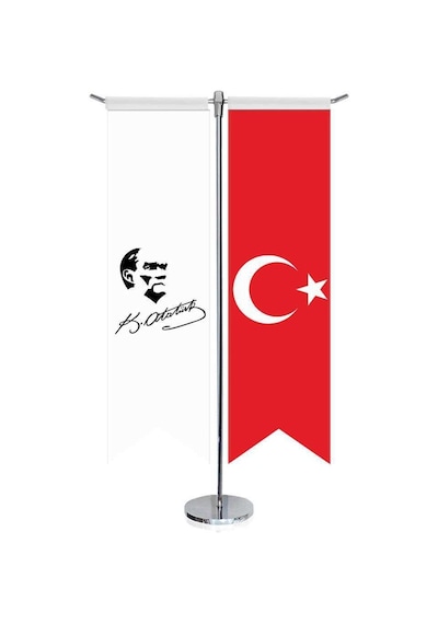 Mustafa Kemal Atatürk İmzalı Silüeti - Karakalem Ve Türkiye-kırlangıç-saten T Direk 2li Masa Bayrağı 1