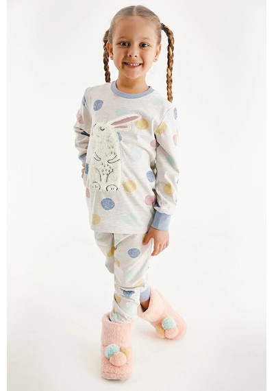 Kız Çocuk Pamuklu Uzun Kollu Tavşanlı Pijama Takımı-11393 Bej