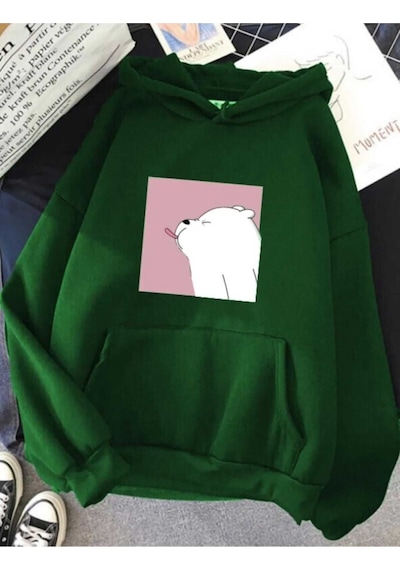 Kozia Outdoors Malkoçbey White Bear Baskılı Kapüsonlu Oversize Unisex Swetşhirt Yeşil Yeşil