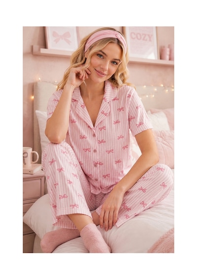 Fit Women Pembe Kurdele Desenli Bürümçük Kumaş Kısa Kollu Pijama Takımı 6064