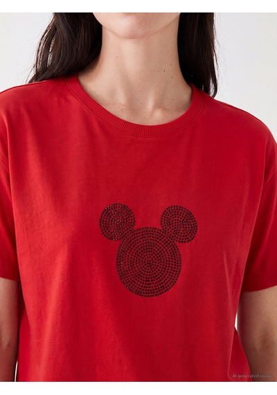 Lcw Comfort Kırmızı Mickey Mouse Baskılı %100 Pamuklu Kadın Tişört