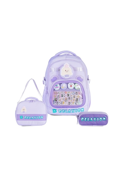Relaxion Rlx-1815 3'lü Set Çocuk İlkokul Çantası Kalemlikli Beslenme Çantalı Sırt Çantası Lila