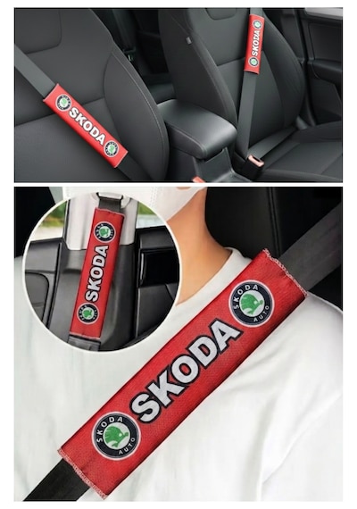 Skoda Araç Uyumlu Dijital Baskılı Kırmızı Emniyet Kemeri Kılıfı