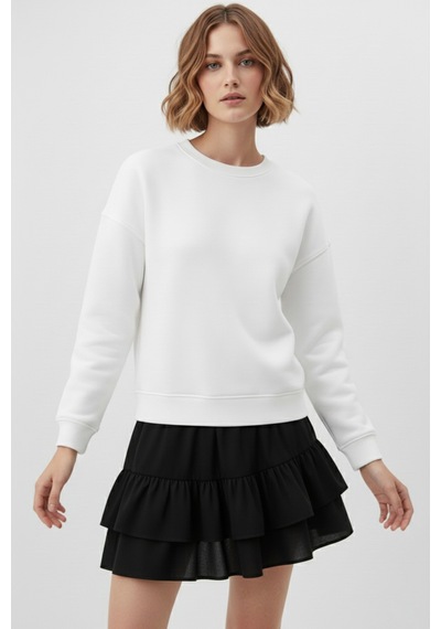 Uyguntarz Unisex Yumuşak Dokulu Düz 3 İplik Oversize Sıfır Yaka Sweatshirt Sade Ve Modern Görünüm beyaz