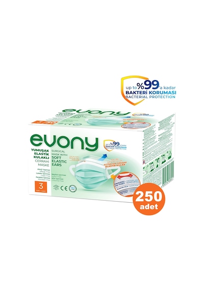 Evony Elastik Kulaklı 3 Katlı Cerrahi Maske 250 Adet