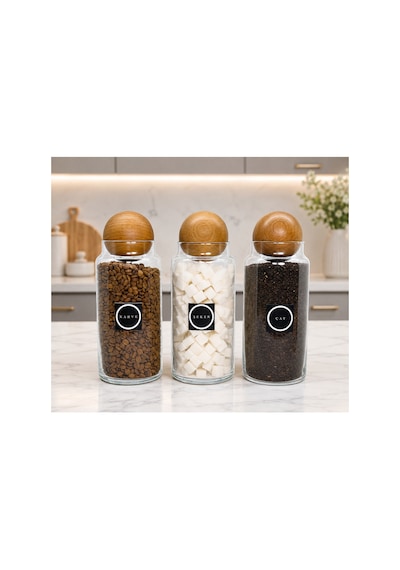 3'lü Ahşap Top Kapaklı Çay Şeker Kahve Cam Saklama Kavanozu 1400 Ml Etiket Hediyeli Çok Renkli