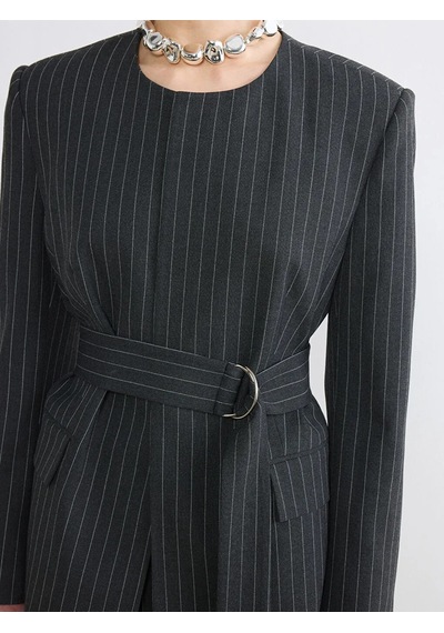 Lc Waikiki Gri Bisiklet Yaka Çizgili Kemerli Kadın Blazer Ceket