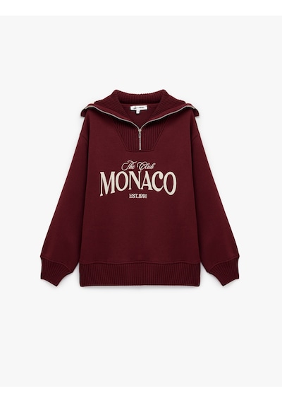 Koton Yarım Fermuarlı Pamuklu Rahat Kalıp Kolej Baskılı Sweatshirt Bordo 6wal10156ık Bordo