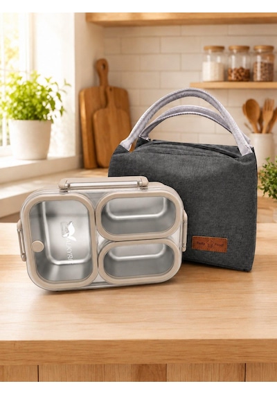 Valkyrie 304 Paslanmaz Çelik 3 Bölmeli Lunch Box Termal Çantalı Sızdırmaz Kapaklı Beslenme Kabı Açık Kahve