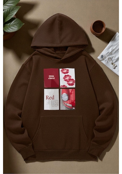 Uyguntarz Unisex Red Mon Cheri Baskılı Kapüşonlu Sweatshirt Kahverengi