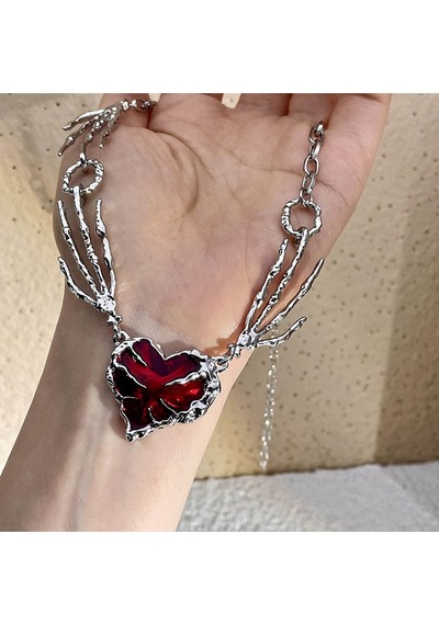 Kalp Muhafızı Kolye Pençe El Gerdanlık Gotik Kırmızı Çok Renkli