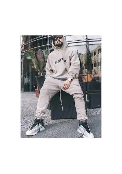 Tarzsokak Kapüşonlu Dijital Baskılı Kalın Tam Kışlık Oversize Yeni Stil Erkek Eşofman Takımı Bej