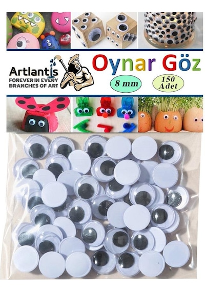 Oynar Göz Siyah 8 Mm 150 Li 1 Paket Oynayan Göz 8mm Hobi Tasarım Anasınıfı Kreş Etkinlik Elişi