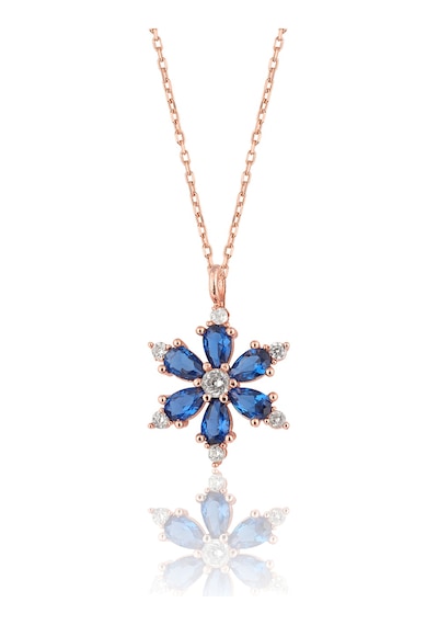 Zanaatsilver 925 ayar Gümüş Zincirli Mavi taşlı Rose kaplama Lotus Kamelya Çiçeği kolye