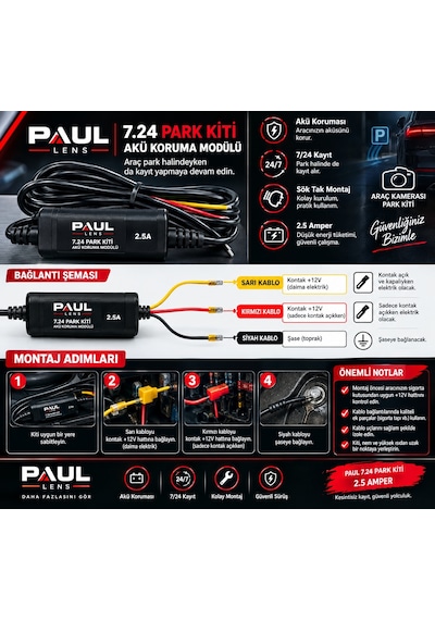 Type-c Girişli 7/24 Araç Kamerası Park Modu Bağlantı Kiti Hardwire Kit 3 Metre Sigorta Girişli
