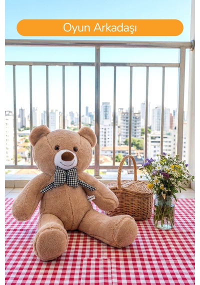 80 Cm Büyük Boy Yumuşak Papyonlu Oyuncak Ayıcık Krem