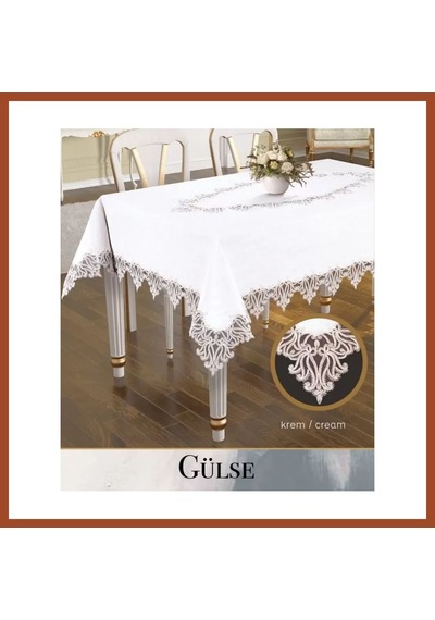 Bezos Gülse Model Keten Dantelli 155x220 Cm Krem Dekoratif Yemek Masası Örtüsü Tasarım Pro