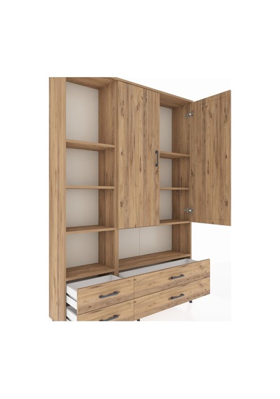Arges Dolap 8 Raflı 4 Çekmeceli 2 Kapaklı 132x30x195 Çam-çam/çam Çam