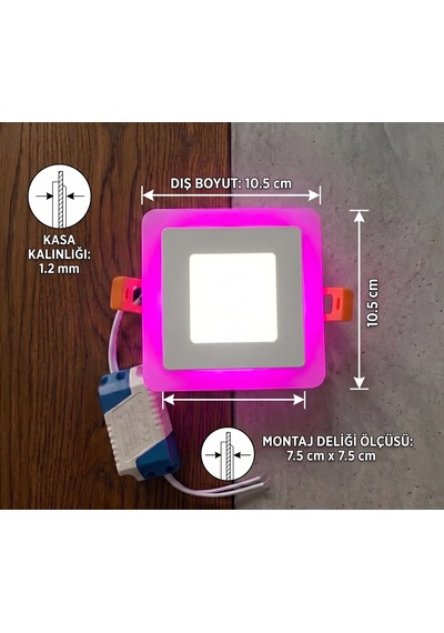 Kare Sıva Altı Led Spot Aydınlatma 6 Watt Çift Renk 3 Kademe Pembe Beyaz Gece Lambası Armatür