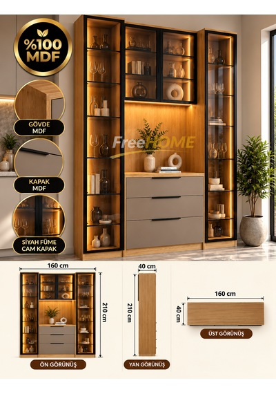 Freehome Doğa Kahve Köşesi Led'li Cam Kapaklı Mdf 160x210x40 Kum Beji