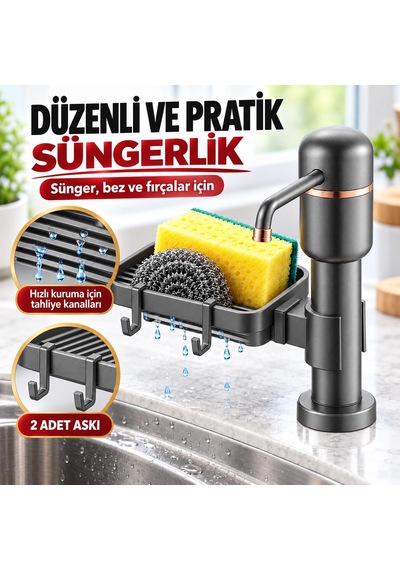 Valkyrie 2 Si 1 Arada Siyah Mutfak Sıvı Sabunluk Ve Süngerlik Seti Tezgah Üst Pompalı Dispenser 360