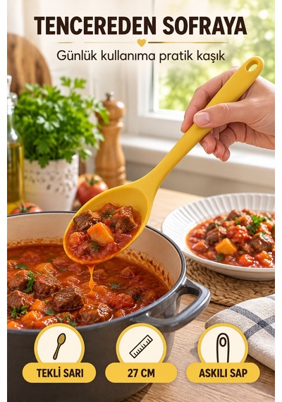 Tekli Sarı Büyük Boy Silikon Kaşık 27 Cm Mutfak Yemek Pişirme Ve Servis Kaşığı Sunum Ve Pişirme İçin