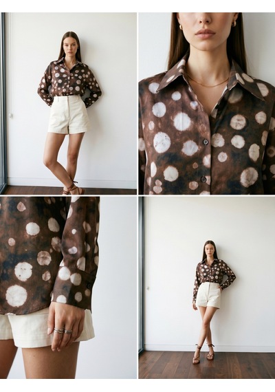 Pera Moda Oversize Kalıp Batik Desenli Puantiyeli Saten Gömlek Kahve