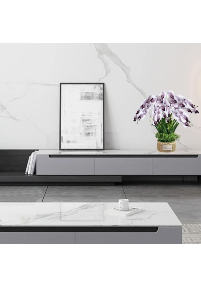 4lü Set Yapay Çiçek Beyaz Mor Çilli Islak Orkide Ve 2 Adet Orkide Yaprağı Gerçeksi Doku Uzun Dal 90cm