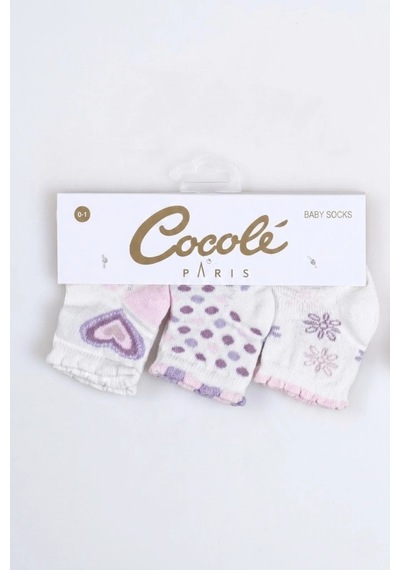 Cocole Socks Kız Bebek Soket Çorabı 3 Lü Set Pamuklu Kalp & Çiçek Desenli Çok Renkli