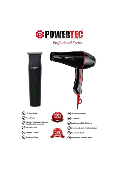 Powertec TR-601 Profesyonel Fön Makinesi + TR-375 Günlük Erkek Bakım Kiti (Hediye Paketli Çeyiz Seti)