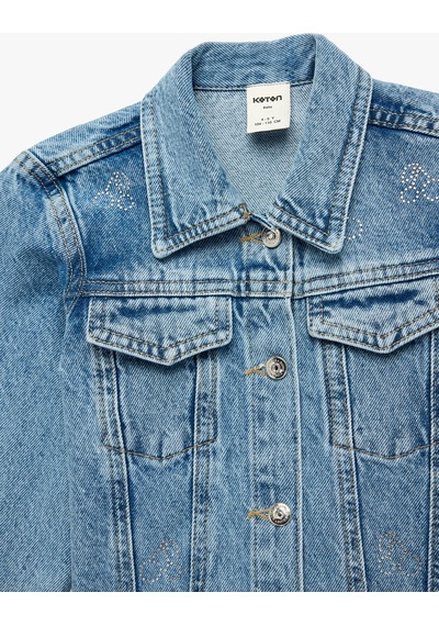 Koton Uzun Kollu Düğmeli Cepli Taş İşleme Detaylı Denim Ceket Orta İndigo 6smg60006ad