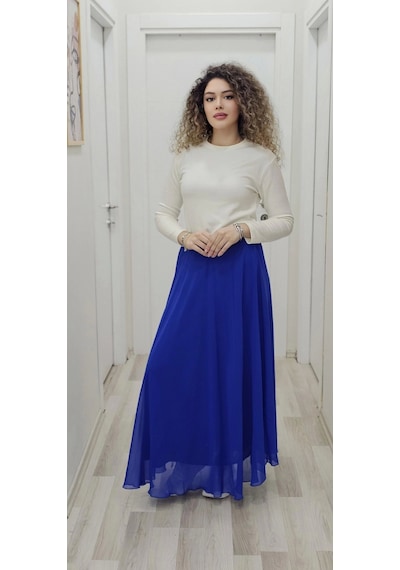 Lodmela Bel Lastikli Kloş Şifon Etek 6003-saks Saks