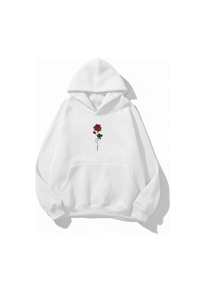 Uyguntarz Unisex Yumuşak Dokulu Gülü Seven Baskılı Tasarım Oversize 3 İplik Hoodie Sweatshirt beyaz
