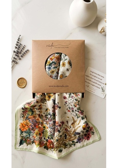 Moda Nuda Kır Çiçeği Desenli İpek Fular - %100 Çin İpeği Zarafet Beyaz - Yeşil