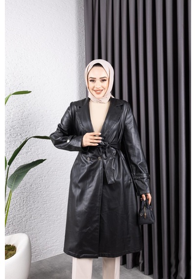 Harman Butik Kadın Deri Cepli Kuşaklı Trençkot Siyah Siyah