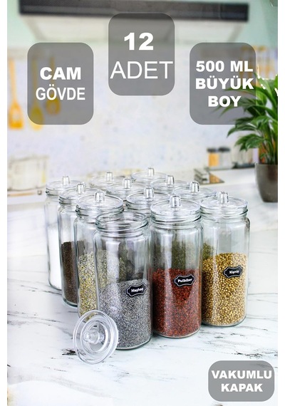 12 Adet Vakum Kapaklı Büyük Boy Cam Baharatlık Seti 500 Ml Çok Renkli